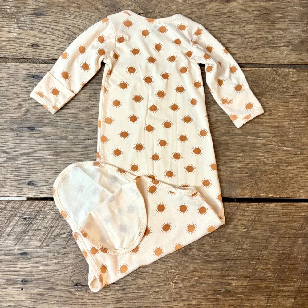 Sun Pattern Newborn Knotted Baby Gown Fold Over Hand Cuffs 100% Cotton Size 0-6m